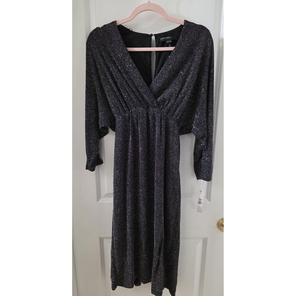 NWT Maggy London Shimmery Metallic Midi Dress Sz 4 Black Silver Dolman Sleeve